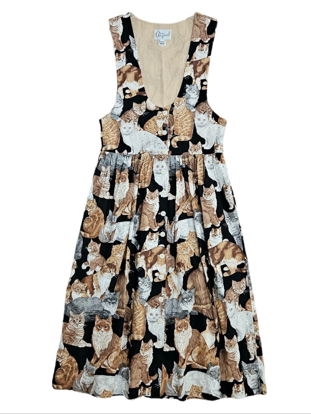 Vintage Cat Jumper Dress Button Up Womens XS Pockets Deep Scoop Neck